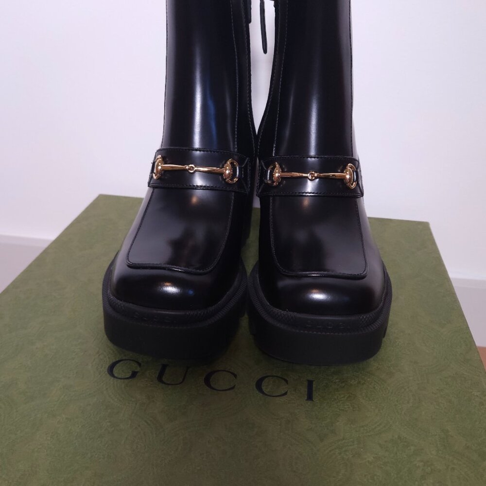 Gucci Horsebit Ankle Boots Black Leather Square Toe Lug Sole Size 36.5 / US 6.5 - Picture 12 of 14